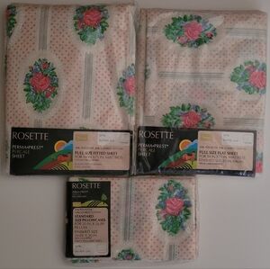 Vintage Sears Perma Prest Pink Rose Floral Sheet Set Full Size Rosette 4 Pieces
